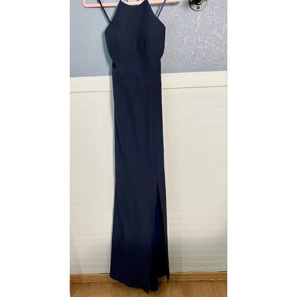 Bariano Navy Blue High-Neck Cross-Back Gown - Picture 5 of 10